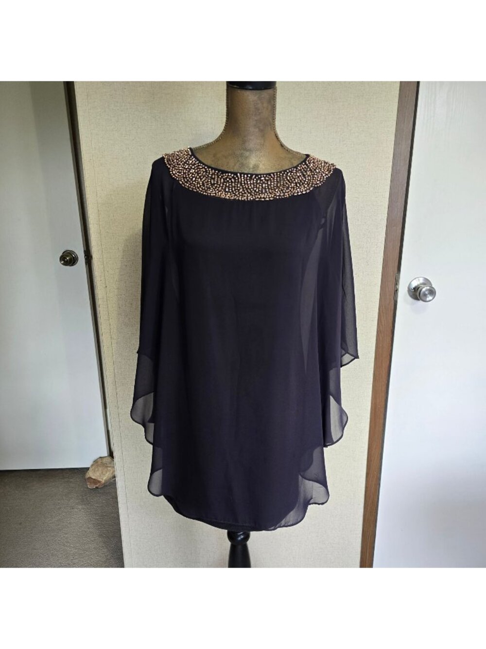 Xscape 2P Mini Dress Navy Blue Beaded Cape Sleeve Formal Made In USA